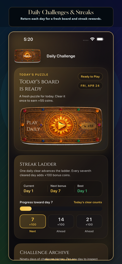 RuneWords daily challenge screen with today's puzzle and streak ladder.