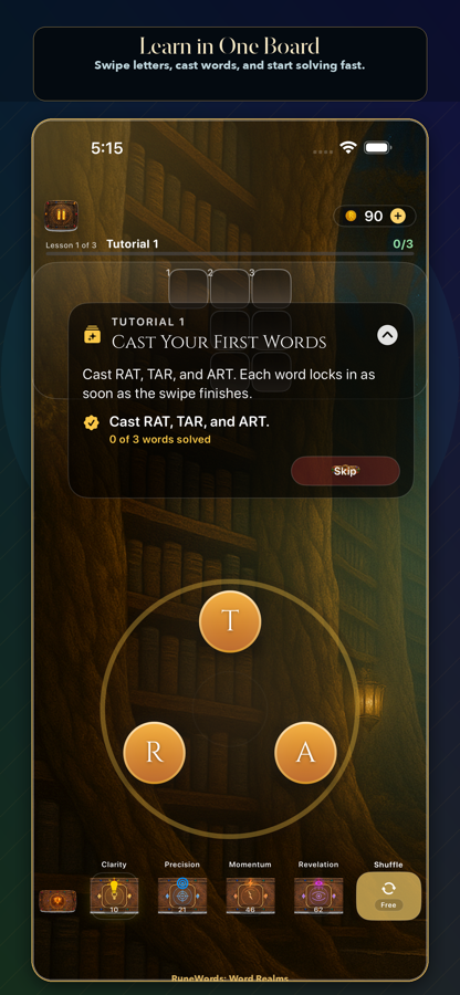 RuneWords onboarding tutorial screen.