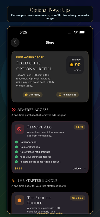 RuneWords store screen showing Remove Ads and starter bundle.