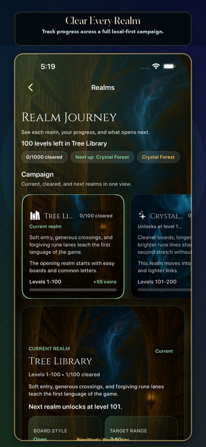 RuneWords realm journey screen showing board progression.