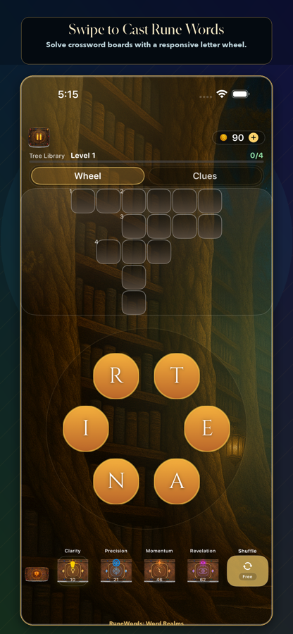 RuneWords gameplay screen showing a word board and circular letter wheel.