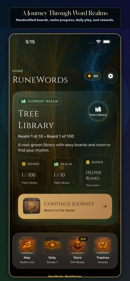 RuneWords campaign home screen showing Tree Library and realm progress.