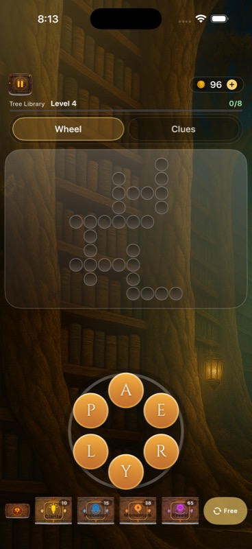 RuneWords gameplay with a word board and circular letter wheel.