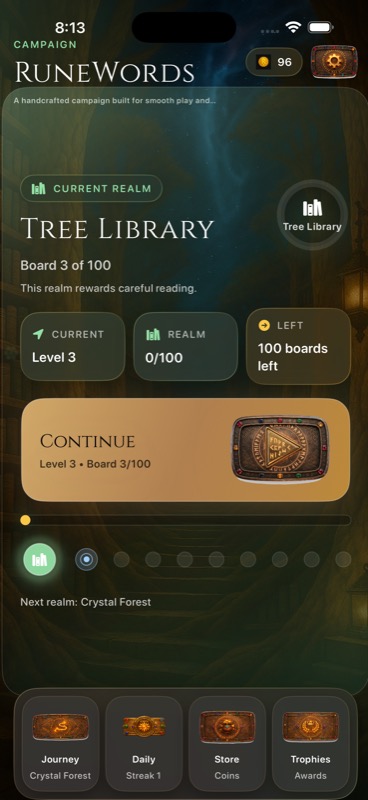 RuneWords main menu showing the campaign overview and current realm.