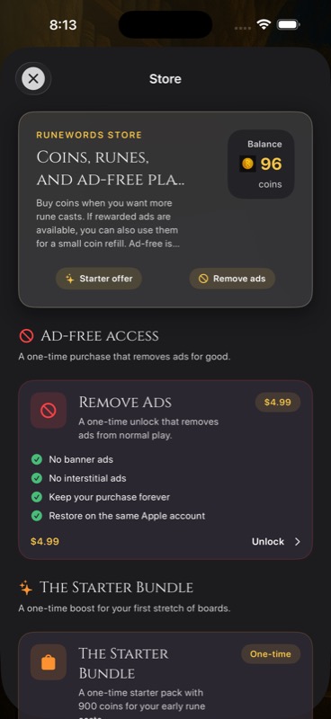 RuneWords shop with optional boosts and purchases.